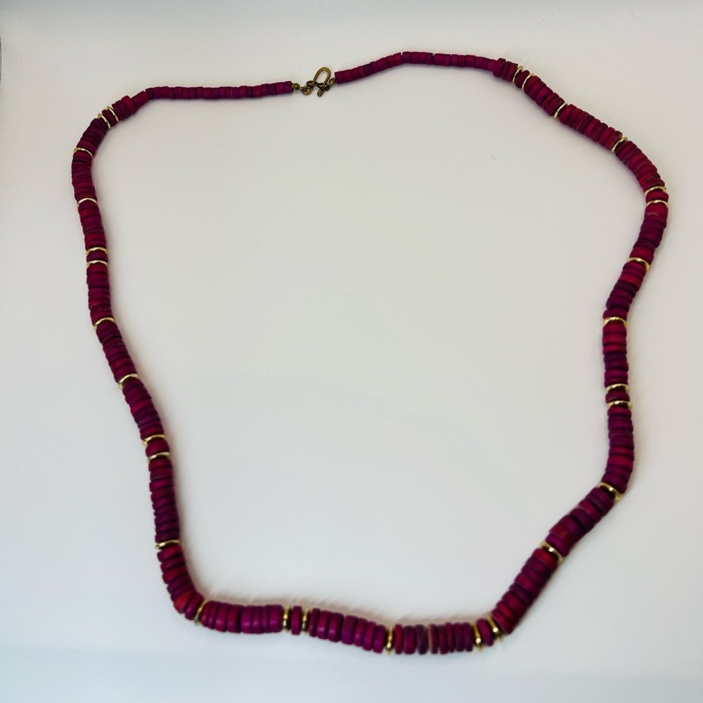 Vintage Magenta Disk Bead Necklace Gold Tone Spacers Boho Statement 16–17”